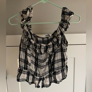 American Eagle Outfitters Black and White Plaid Ruffle Blouse